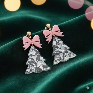 Pink Bow Christmas Tree Earrings